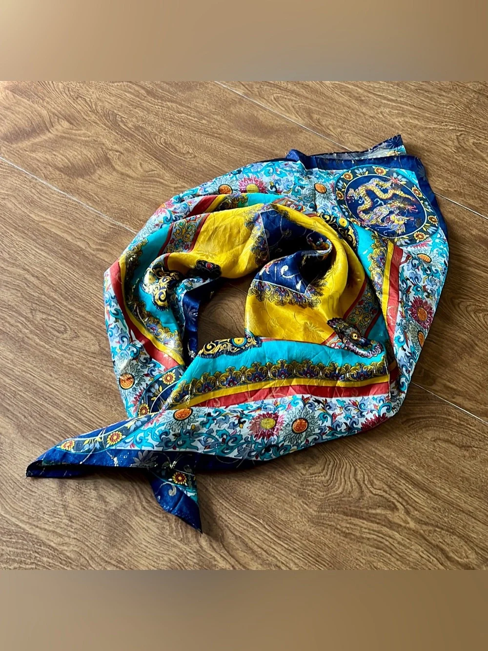 Vintage Large Square Chinese Dragon Flower Pattern Multicolored 100% Silk Scarf